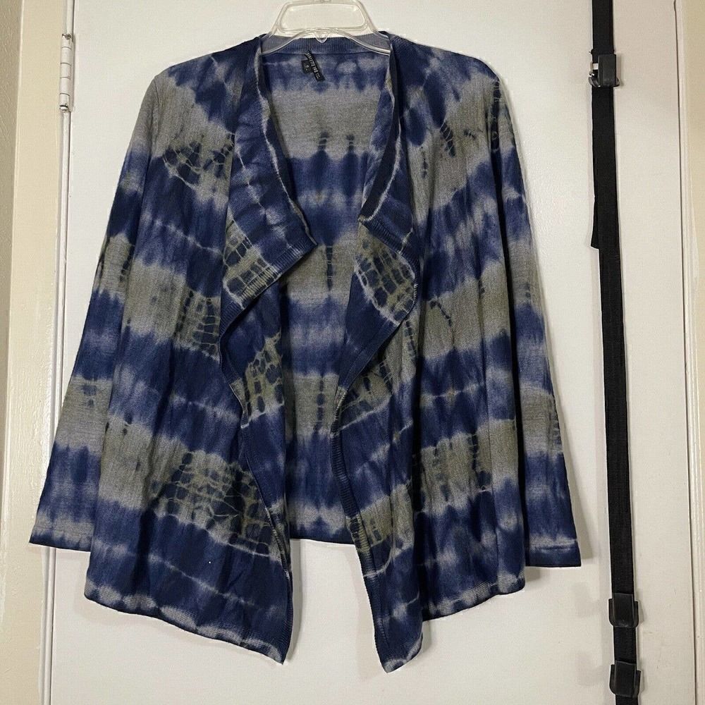 Lafayette 148 virgin wool blue stripe drape front cardigan knit sweater SMALL